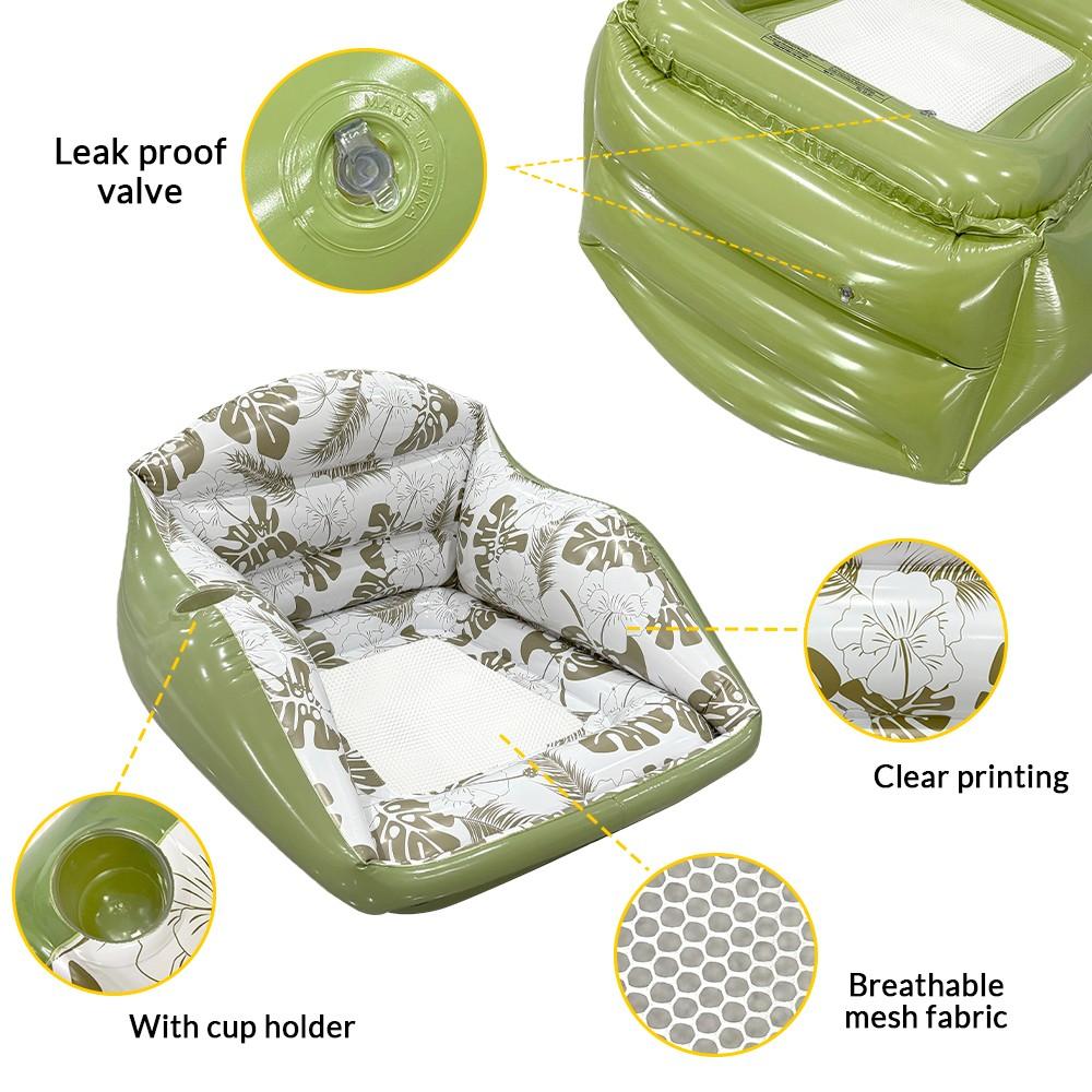 Adult Large Inflatable Water Sofa, Tropical Style Float Chair with Cup Holder, Pool Toy, Outdoor Use, 3-In-1 Inflatable Lounge