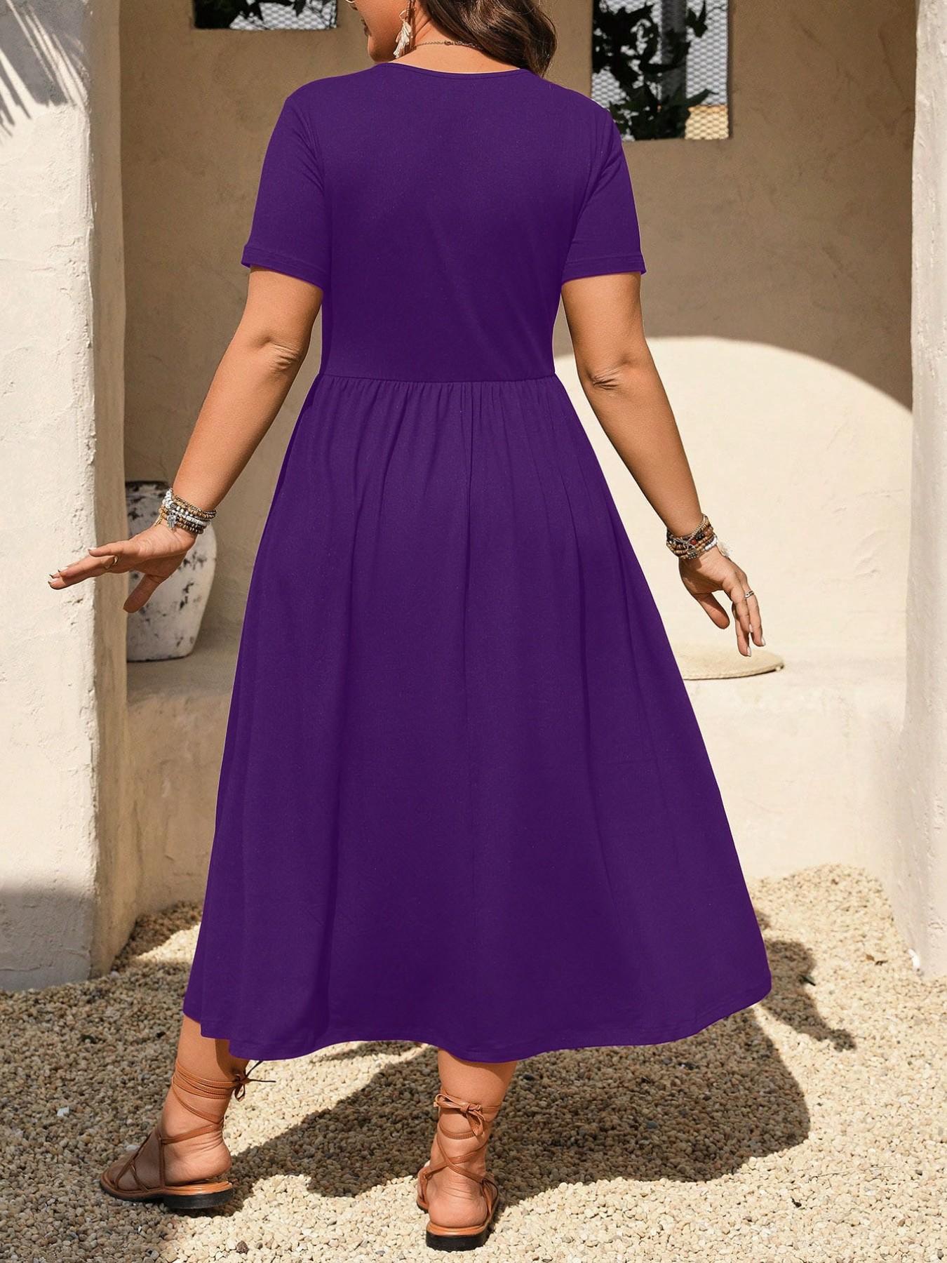 Plus Size Elegant Casual A-Line Dress, Summer Fashion Women's V-Neck Ruched Bust and Waist Elastic Dress, Short Sleeve Colorblock Design