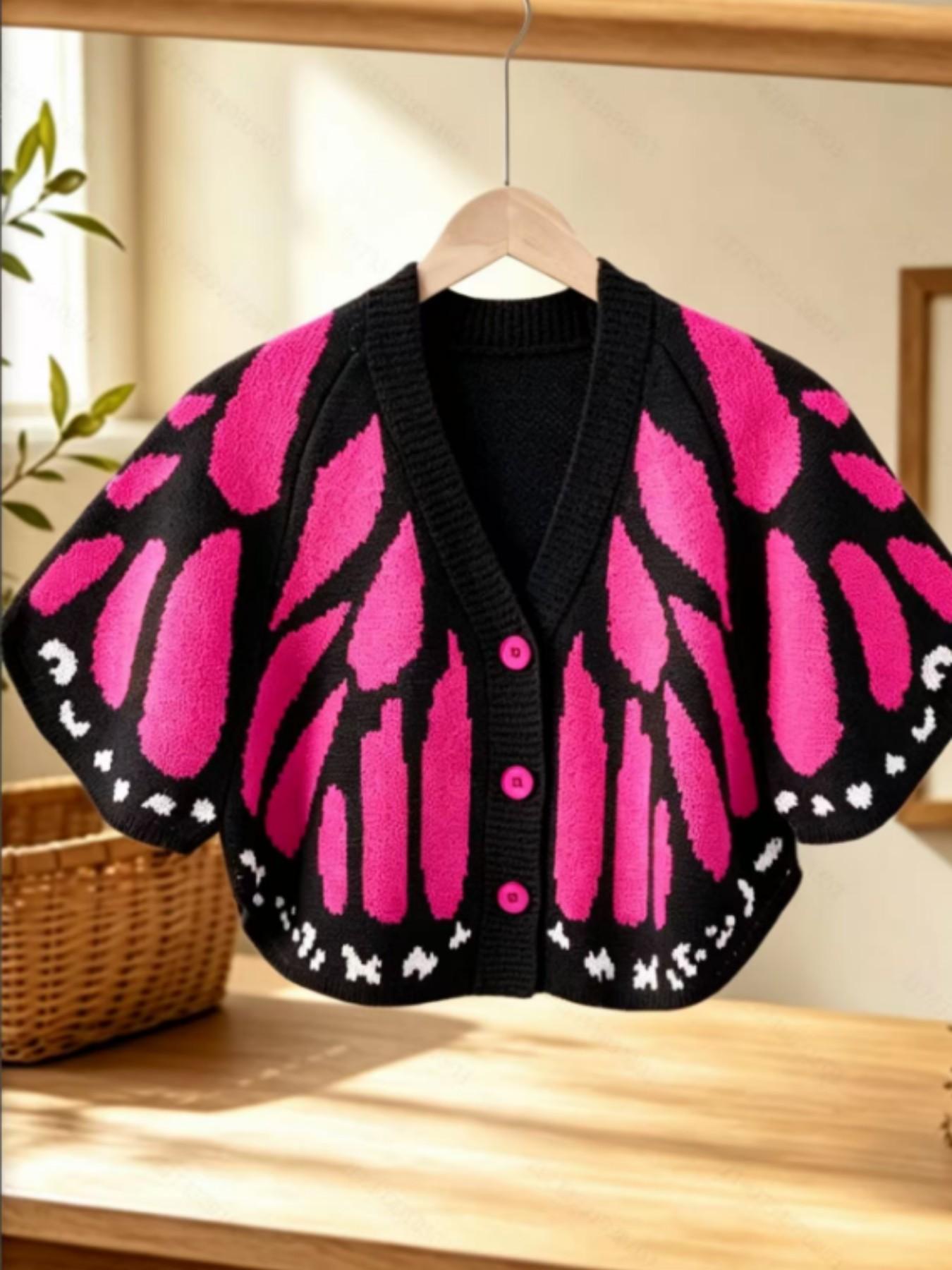 Women's Butterfly Wings Knit Cardigan, Autumn V-Neck Button Fashion Casual Style Sweater, Stylish and Comfortable Outerwear for Daily Wear