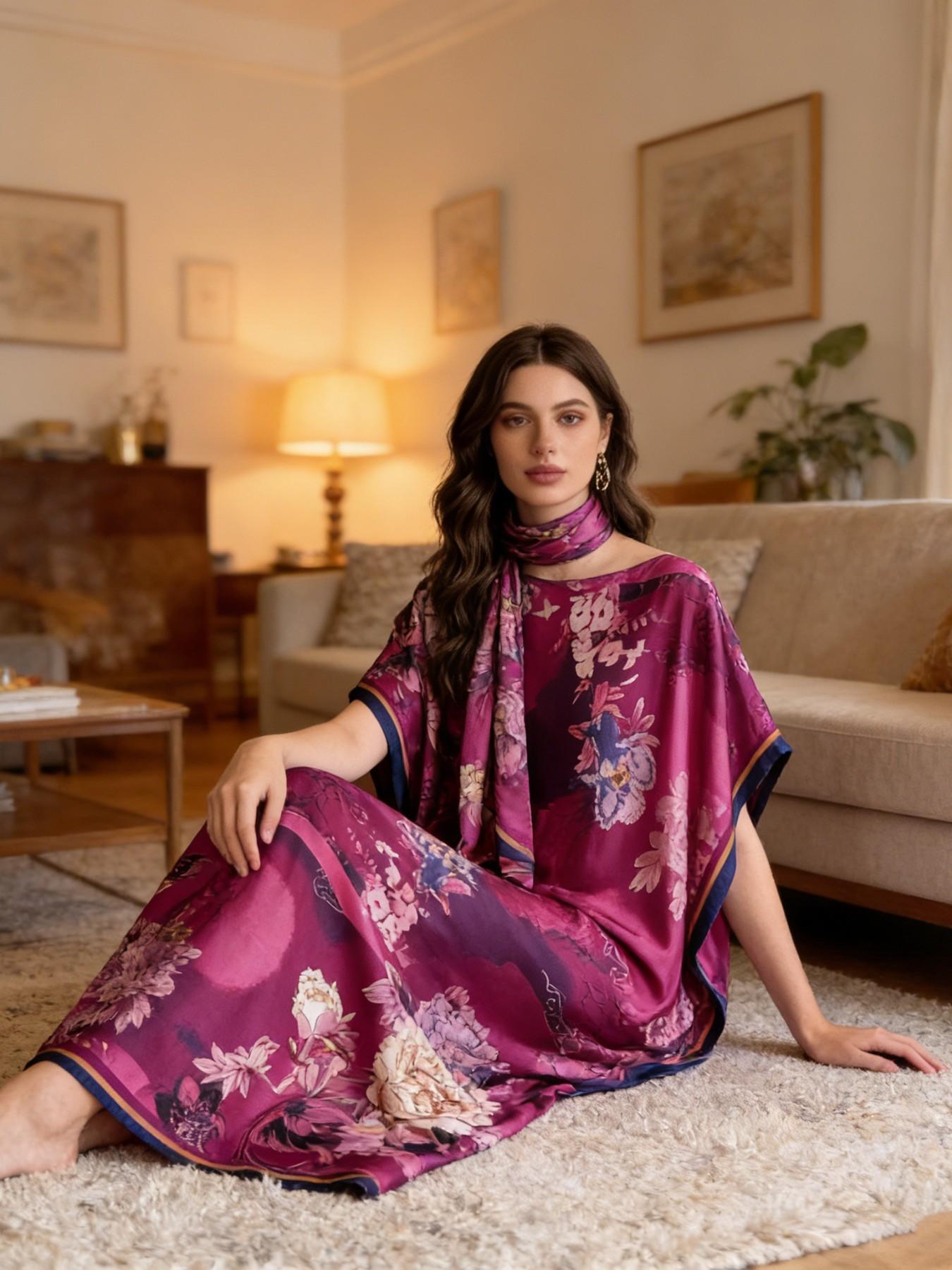 1dress+1scarf Viral Purple Floral Print Satin Kaftan Maxi Dress with Matching Scarf – Silky Loose Fit, Plus Size Friendly, Luxury Loungewear, Beach Cover Up & Evening Party Wear, Must-Have Resort Fashion Piece