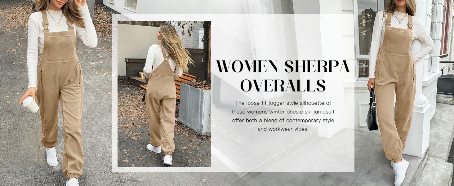Goranbon Women's Fleece Warm Overalls Winter Loose Casual Jumpsuits with Pockets