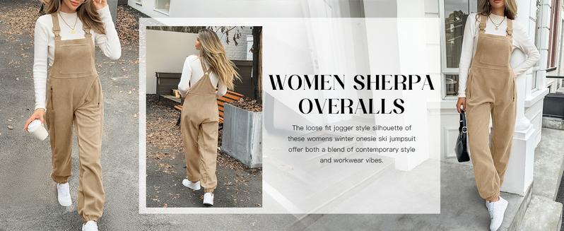Goranbon Women's Fleece Warm Overalls Winter Loose Casual Jumpsuits with Pockets
