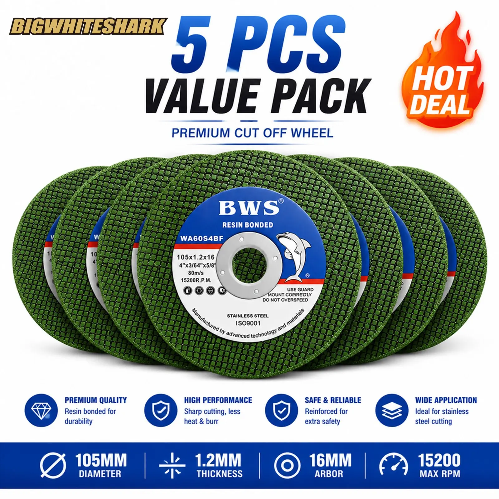 BWS 5PCS 4-Inch Cutting Discs 105 x 1.2 x 16mm Ultra-Thin Double-Mesh Cut off wheels, High Strength & Breakage Resistance Suitable for Stainless Steel/Iron/Aluminum/Copper & Other Metals Economical Choice for Factory Workshop Consumables