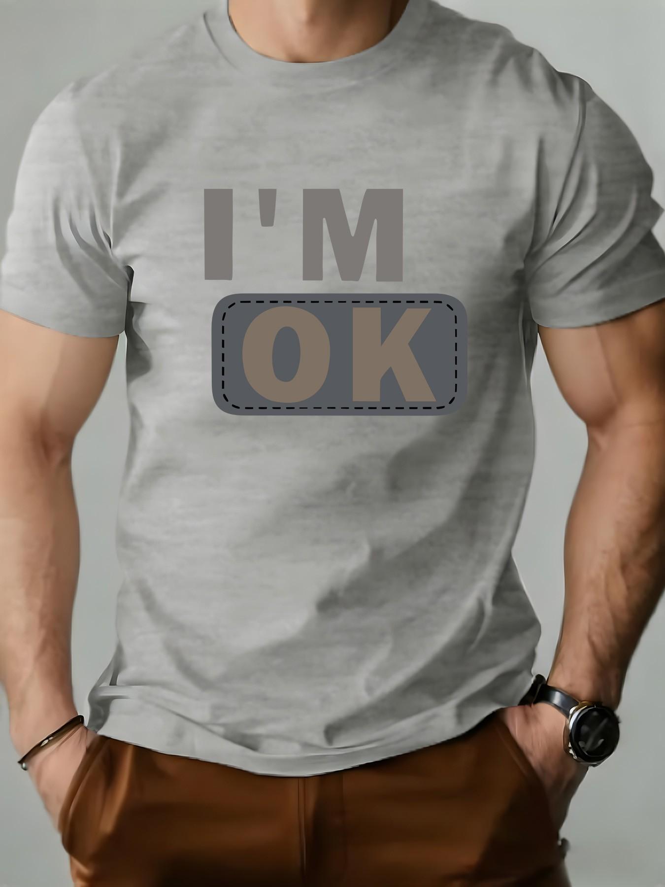 Men's Round Neck T-Shirt, Fashion I'm Ok Patch Design, Geometric Print, Retro Style, Long Sleeve, Casual Wear, Perfect Gift
