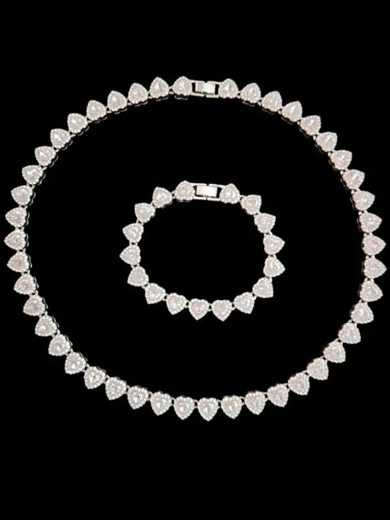 2Pieces/Set 10mm Love Heart Shape Chain Necklace and Bracelet Men or Women Hip Hop Iced Out Bling Bling Chain Necklace and Bracelet Fashionable Elegant Jewelry Set Fashion Set Jewelry Valentines Gift