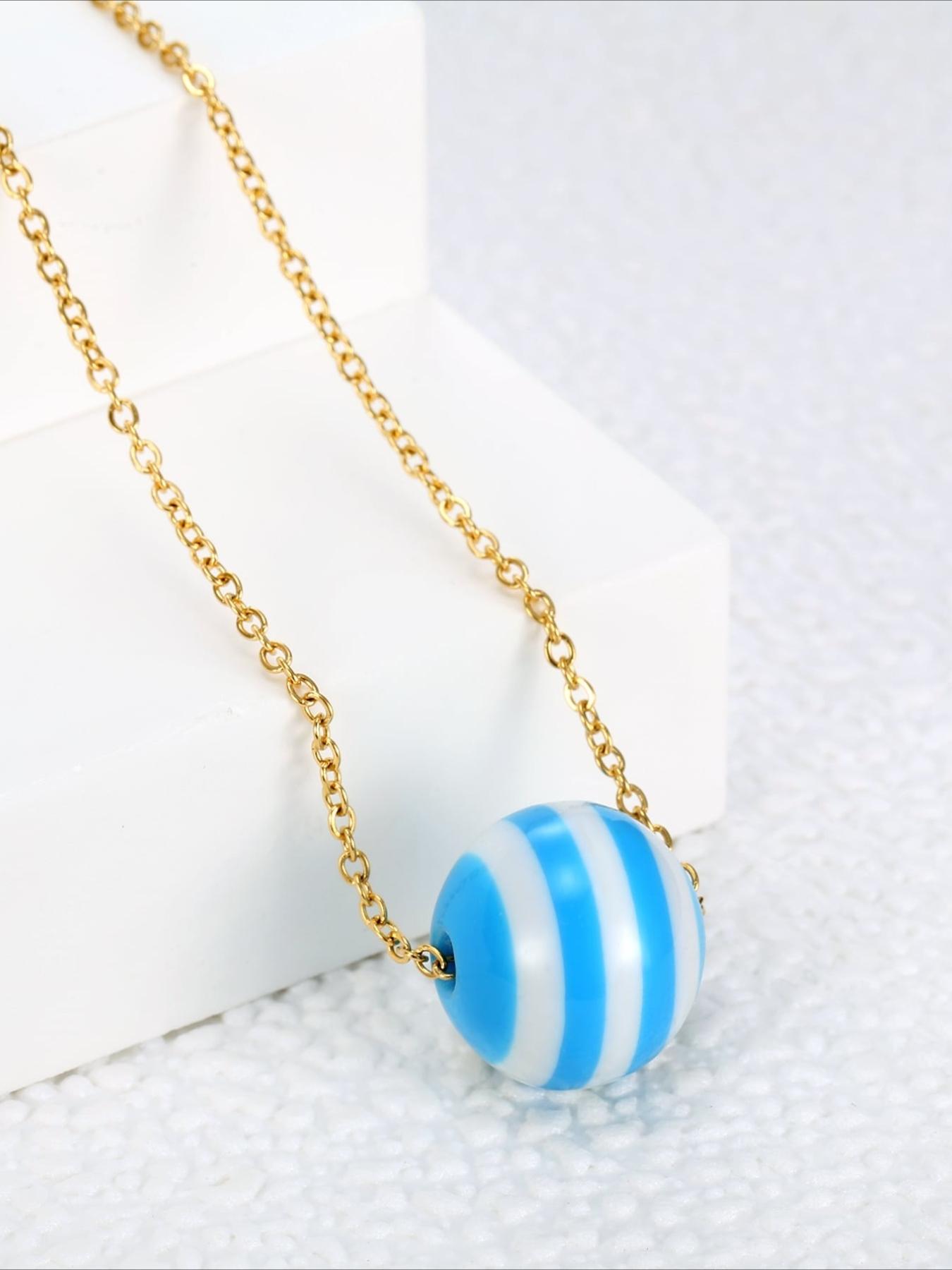 Summer Seaside Blue and White Striped Round Bead Necklace Stainless Steel Non Fading Seaside Vacation Versatile Accessories