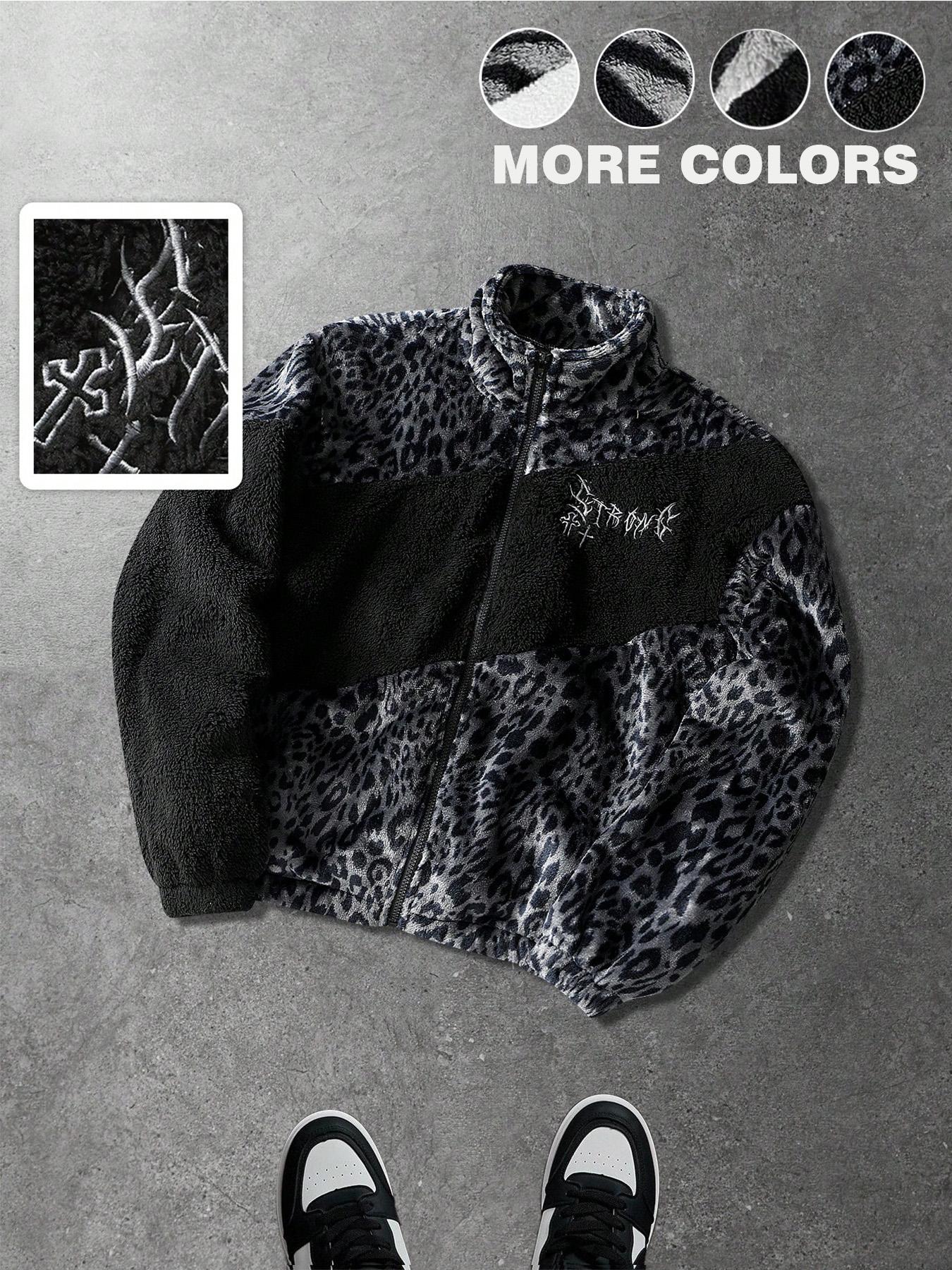 Unisex design, trendy couple's outfit, Y2K style with English patterns and street-style zebra print color-blocked fleece-lined Long Sleeves jacket for autumn and winter. Suitable for streetwear, Y2K fashion, high-street culture,ideal as a gift for men