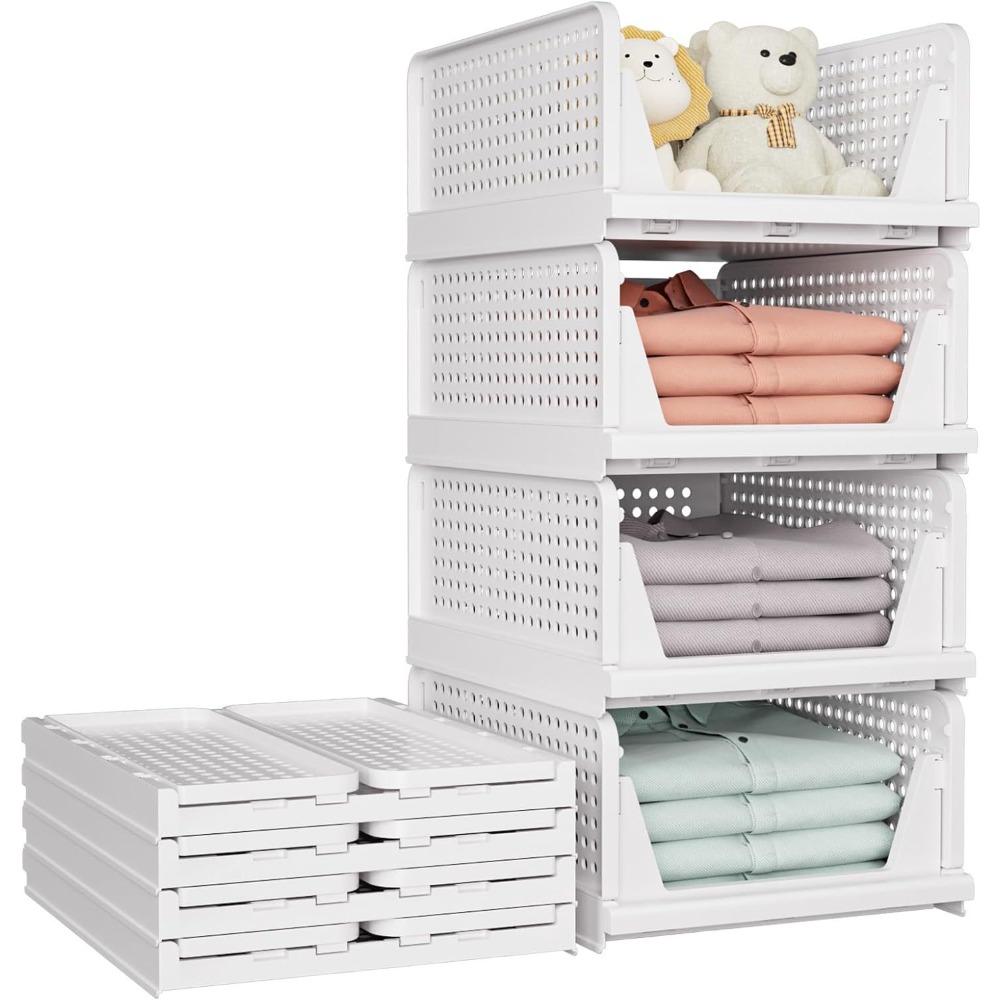 5-piece stackable and foldable wardrobe organizer boxes, suitable for storage in bedrooms, bathrooms, laundry rooms, and wardrobes, space-saving clothing storage drawer organizing baskets, white, Folding Storage Boxes