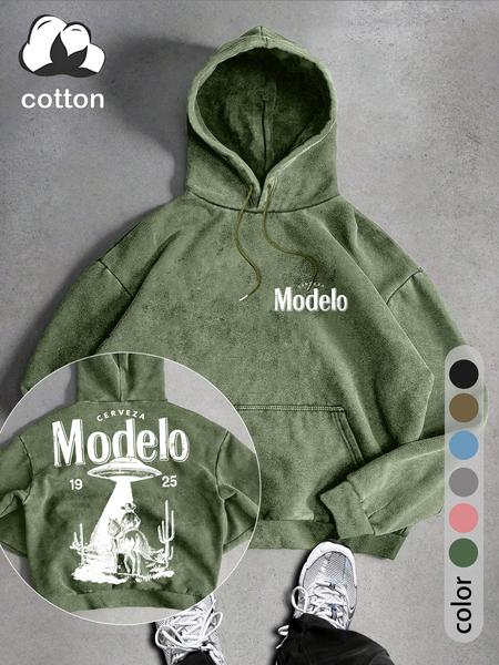 UFO and Western Cowboy Men's Street Retro Style Washed Hooded Sweatshirt Fashion Trend Casual Hoodies