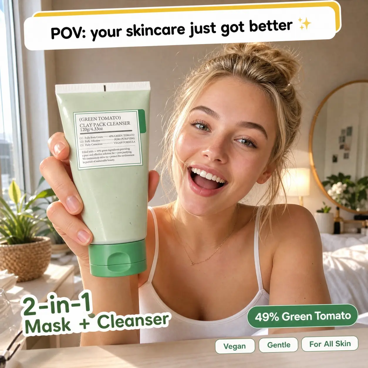 Green Tomato Clay Pack 2‑in‑1 Mask‑to‑Cleanser, Deep Pore Purifying Gentle Hydrating Face Wash, Vegan Formula for All Skin Types