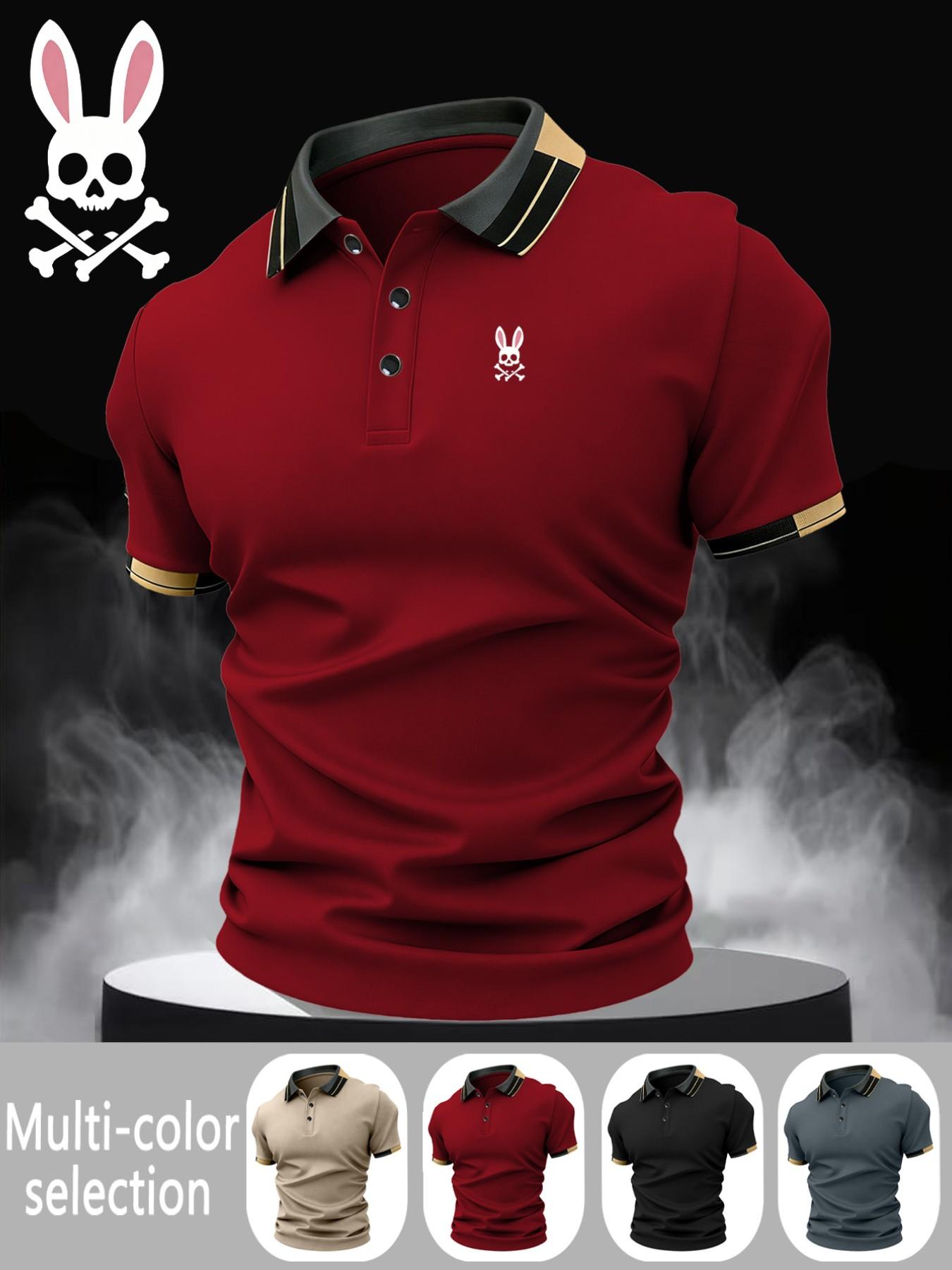 Men's Skull Rabbit Print Collared Polo Shirt, Elastic Casual Breathable Summer Polos Four Seasons Wear, Comfortable Durable High-End Polo Top, Casual Polo Shirts