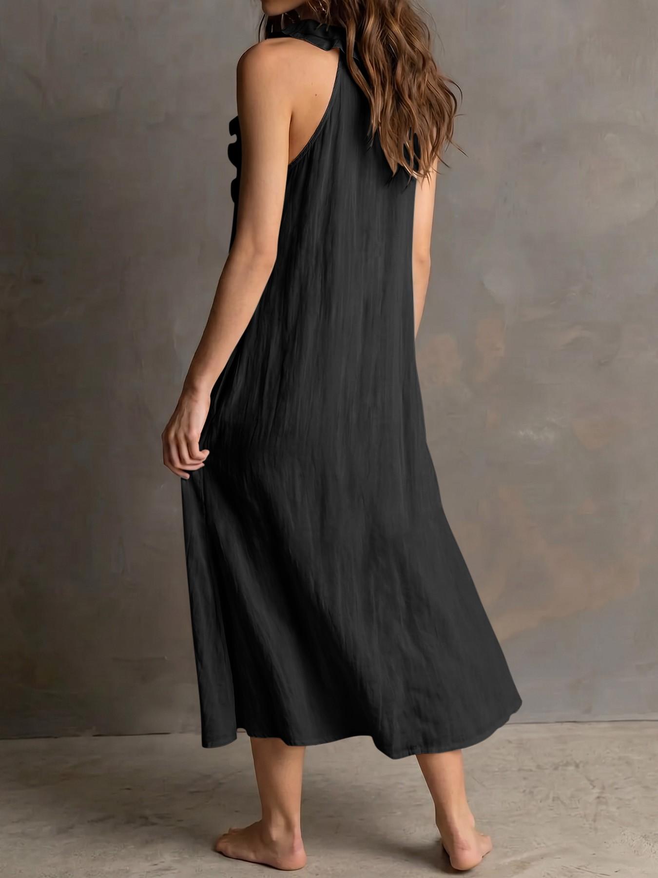 Elegant Chic Summer Boho Bohemian V-Neck Sleeveless Halter Maxi Dress for Women with Ruffle Trim, Comfortable Textured Fabric, Pockets, Multi-Size, Casual Wear, Everyday & Vacation Wear, Womenswear