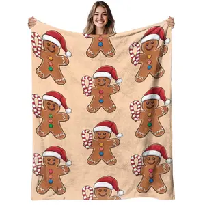 1Pc Gingerbread For Man Flannel Blanket - Soft Warm 280Gsm All-Season Bedspread With Gingerbread Cookie & Candy Cane Print, Beige/Brown Holiday Decor For ' Room, Christmas, Bed, Sofa - Cozy Bed Covering, Throw Blanket, Christmas Blanket, Neutral Blanket,