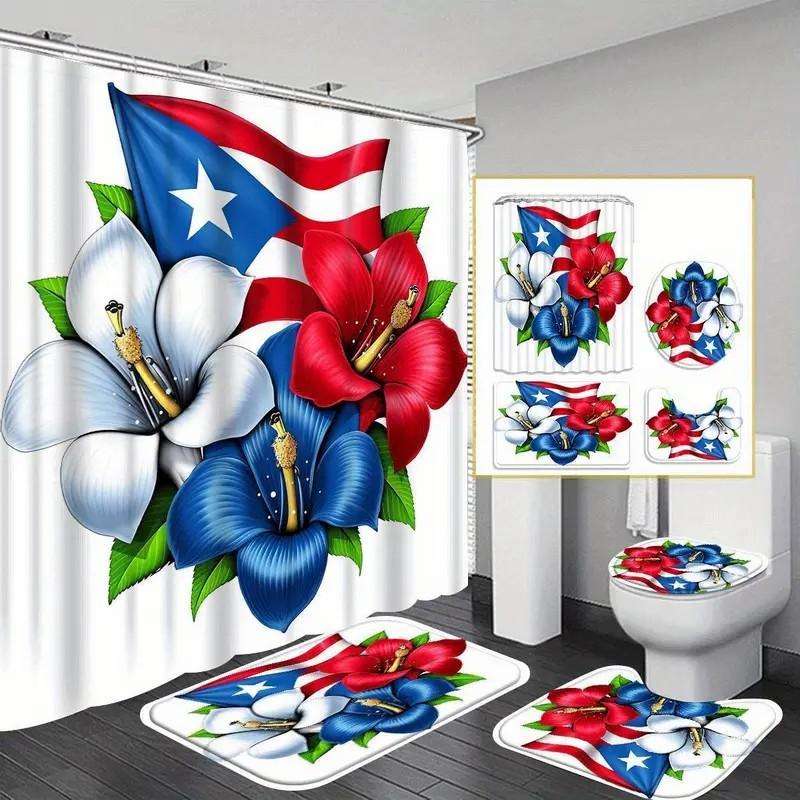 1/4pcs Puerto Rican flag pattern shower curtain set, includes non-slip mat, U-shaped rug, and toilet seat cover. Perfect for bathroom decoration, partitioning, and beautifying the space. Comes with 12 shower curtain hooks. Bathroom Decoration Accessories