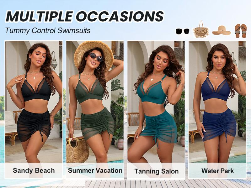Blooming Jelly Cruvy Mesh High Wasited Bikini Sets Womens Tummy Control Swimsuits Swim Dress