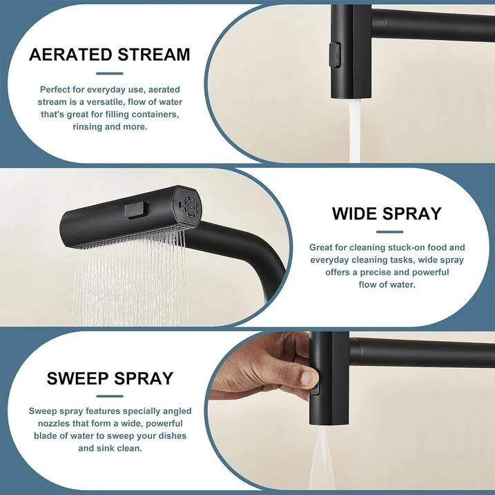 Kitchen Faucets with Pull Down Sprayer Matte Black, 3 Mode Kitchen Sink Faucet with Deck Plate for Farmhouse RV Vessel Basin