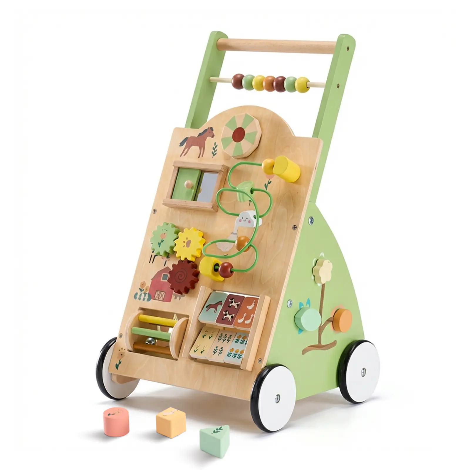 Wooden Toddler Push Walker, Adjustable Handlebar Walking Helper, Multi Functional Infant Walker with Rotary Gears, Animals and Mirror Maze, Activity Walker for Motor Skill Development