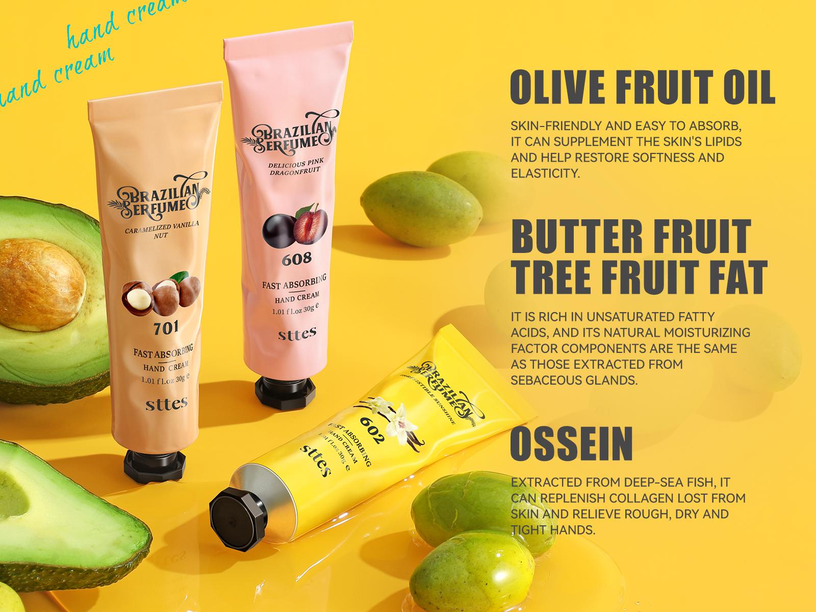 Sttes Fragrance Hand Cream 602#608#701# (3.17 fl.oz / 90g) – Gourmet Fragrance (Caramel Vanilla + Dragon Fruit + Roasted Nuts) Mineral Oil Free |