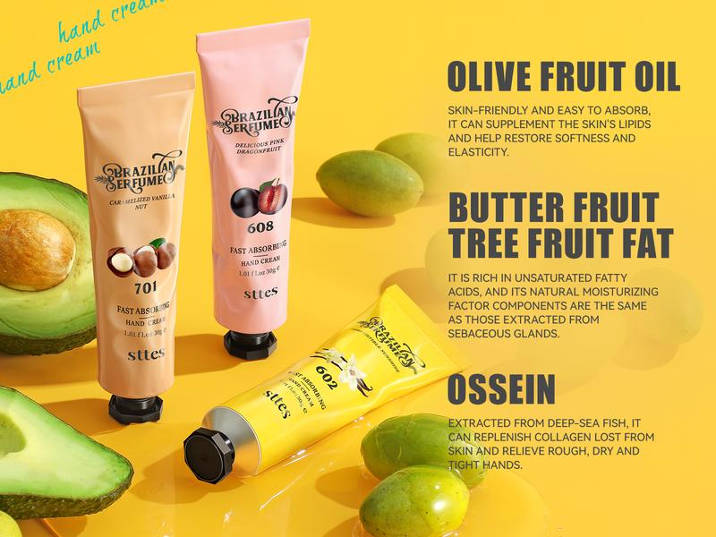 Sttes Fragrance Hand Cream 602#608#701# (3.17 fl.oz / 90g) – Gourmet Fragrance (Caramel Vanilla + Dragon Fruit + Roasted Nuts) Mineral Oil Free |