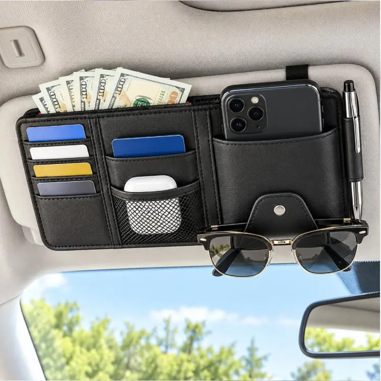 Fashionable Car Sun Visor Organizer, Multifunctional Sun Visor Storage Bag, Car Glasses Clip, Sunglasses Holder with Zipper Pouch, Universal Car Interior Accessories