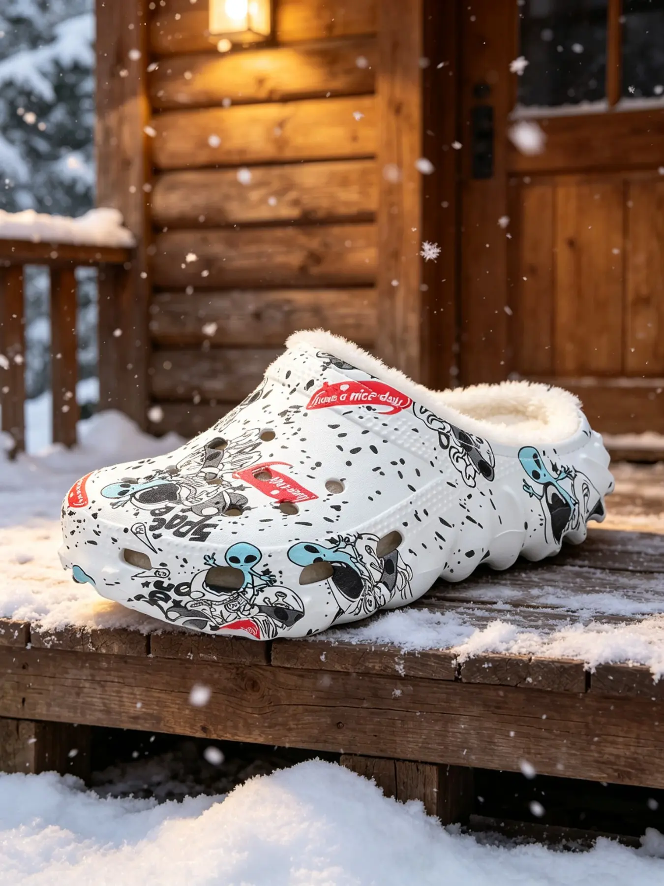 Fleece Lined Winter Clogs for Women Men, Warm Fuzzy Slippers with Anti-Slip Sole, Alien Graffiti Print Eva House Shoes Indoor Outdoor