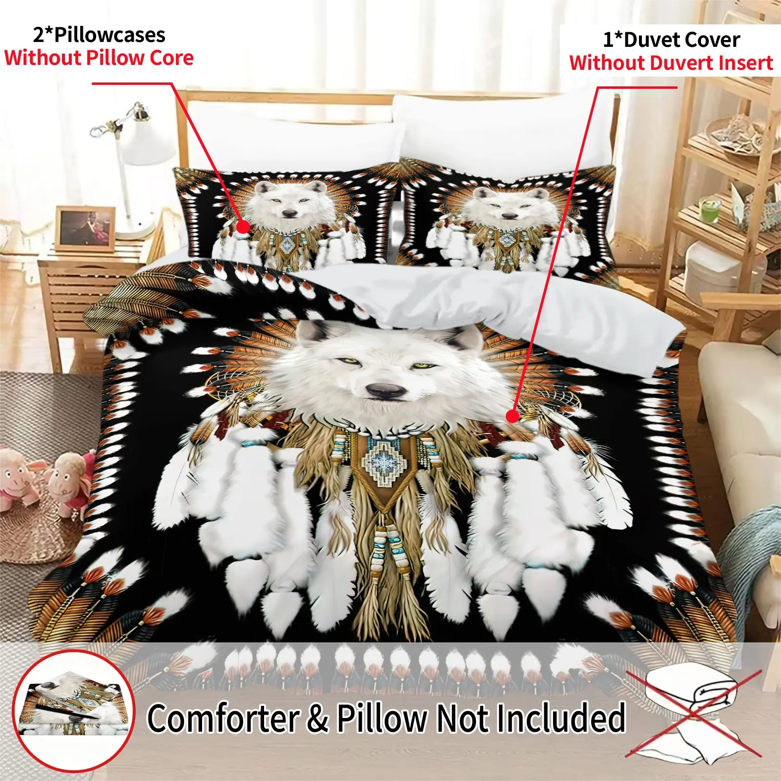 3-piece wolf print bedding set, Theme bedding set, includes 1 duvet cover + 2 pillowcases (excluding filling), high-definition prints, suitable for home and dorm use, cozy bedding, easy to maintain, durable