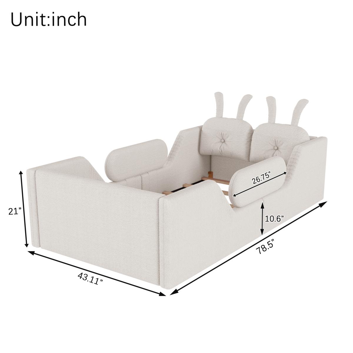 Twin Size Upholstered Floor Bed with 21-Inch Guardrails, Detachable Side Rails & Rabbit-Shaped Cushions, Teddy Fabric Foam Padding, No Box Spring Needed, Fits 8-Inch Mattress Twin Size Upholstered Floor Bed with 21-Inch Guardrails, Detachable Side Rails & Rabbit-Shaped Cushions, Teddy Fabric Foam Padding, No Box Spring Needed, Fits 8-Inch Mattress