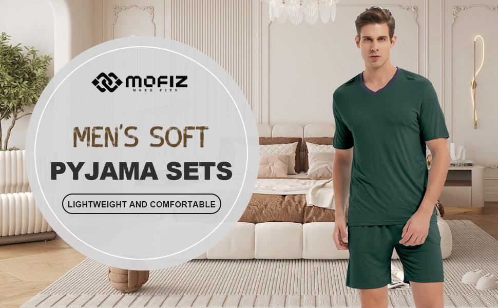 MoFiz Mens Pajama Set Summer Pjs Sleepwear Nightwear Lightweight Quick Dry Soft Short Sleeve V-Neck Pjs Sleep Set With Pocket