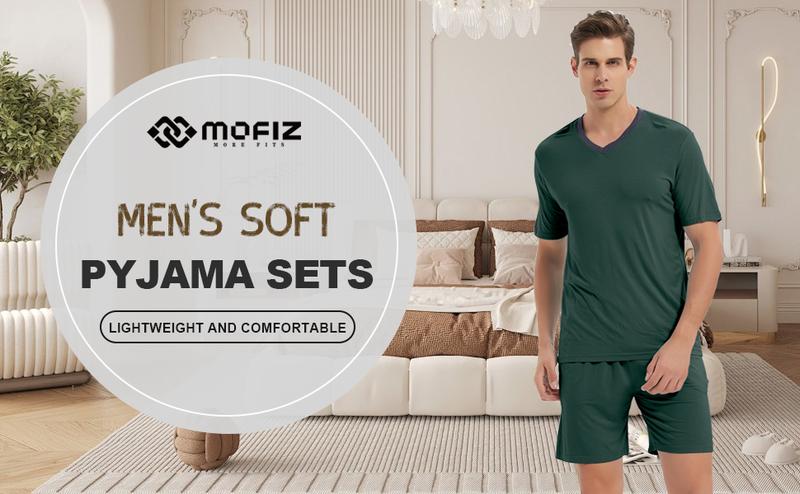 MoFiz Mens Pajama Set Summer Pjs Sleepwear Nightwear Lightweight Quick Dry Soft Short Sleeve V-Neck Pjs Sleep Set With Pocket