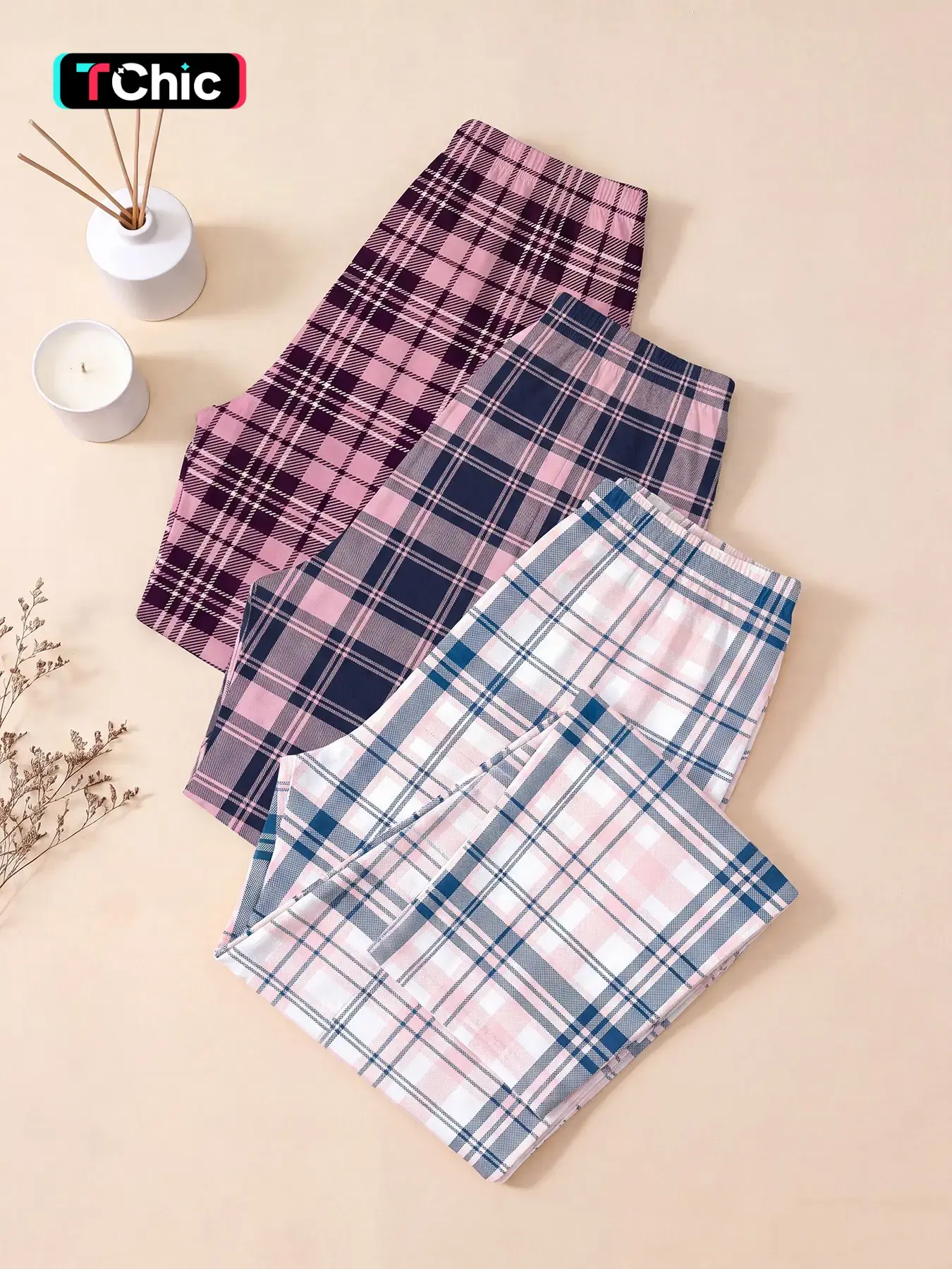 Women Long Sleep Pants 3 Pack, wearable for all‑seasons, classic plaid loungewear bottoms, preppy aesthetic casual home‑wear, comfy trousers for slow breakfast, bedroom tidying‑up and quiet alone‑time