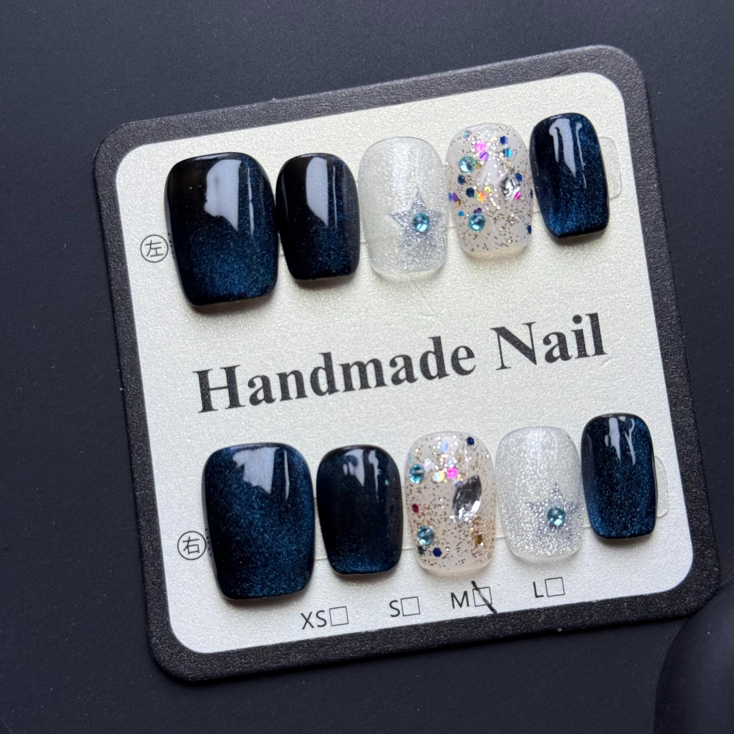 No Cheap Flair! Black Silver Color Block Exquisite Hand-Painted Press On Fake Nails, Reusable, 3D Star Glitter Design, Euro-Style Luxury Nails