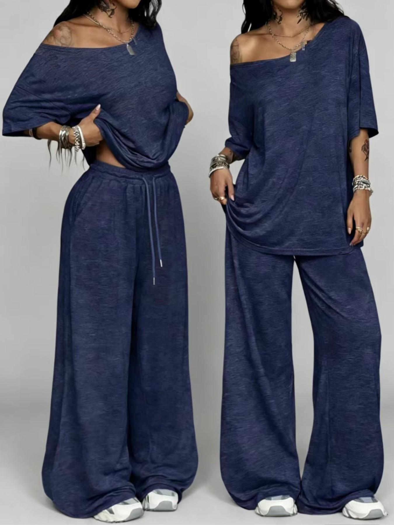 Women's Casual Solid Color Sport Two-Piece Set, Sweatsuit Loose Long Pants & Wide Leg Slant Neck Pant Suit, Spring & Fall Fashion