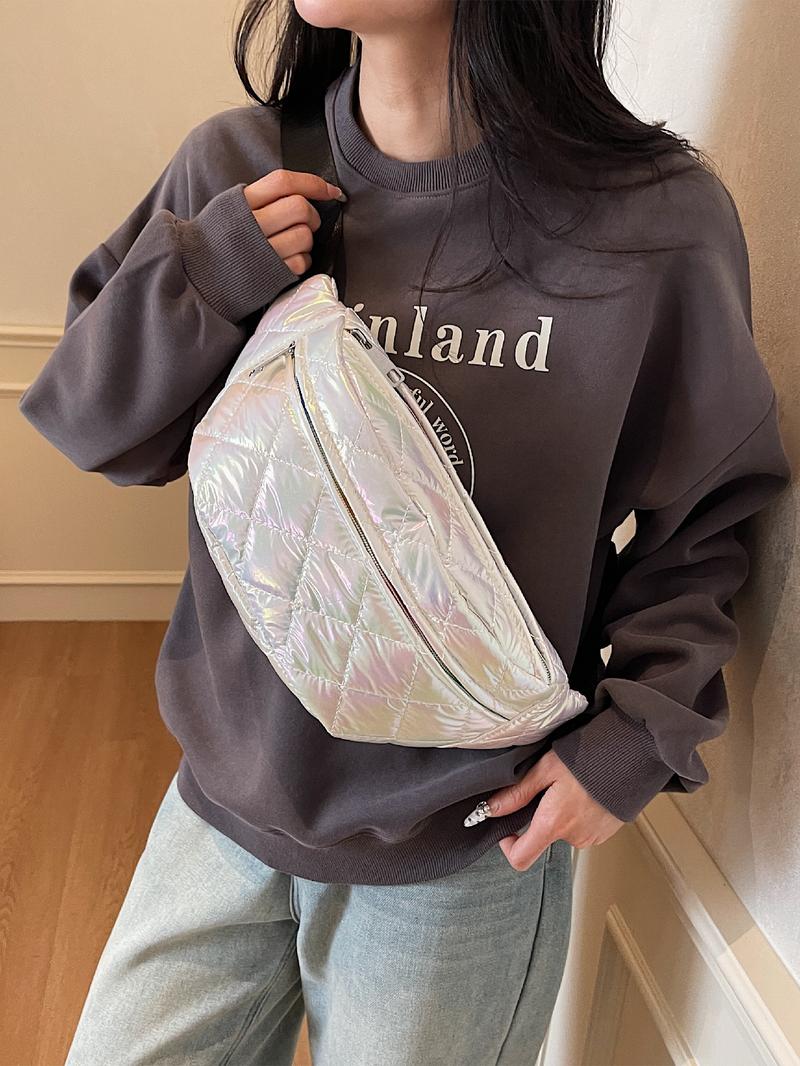 Women's Solid Color Quilted Fanny Pack, Fashionable Argyle Embossed Zipper Chest Bag for Daily Used, Casual Trendy Versatile High-quality Daily Commuting Bag