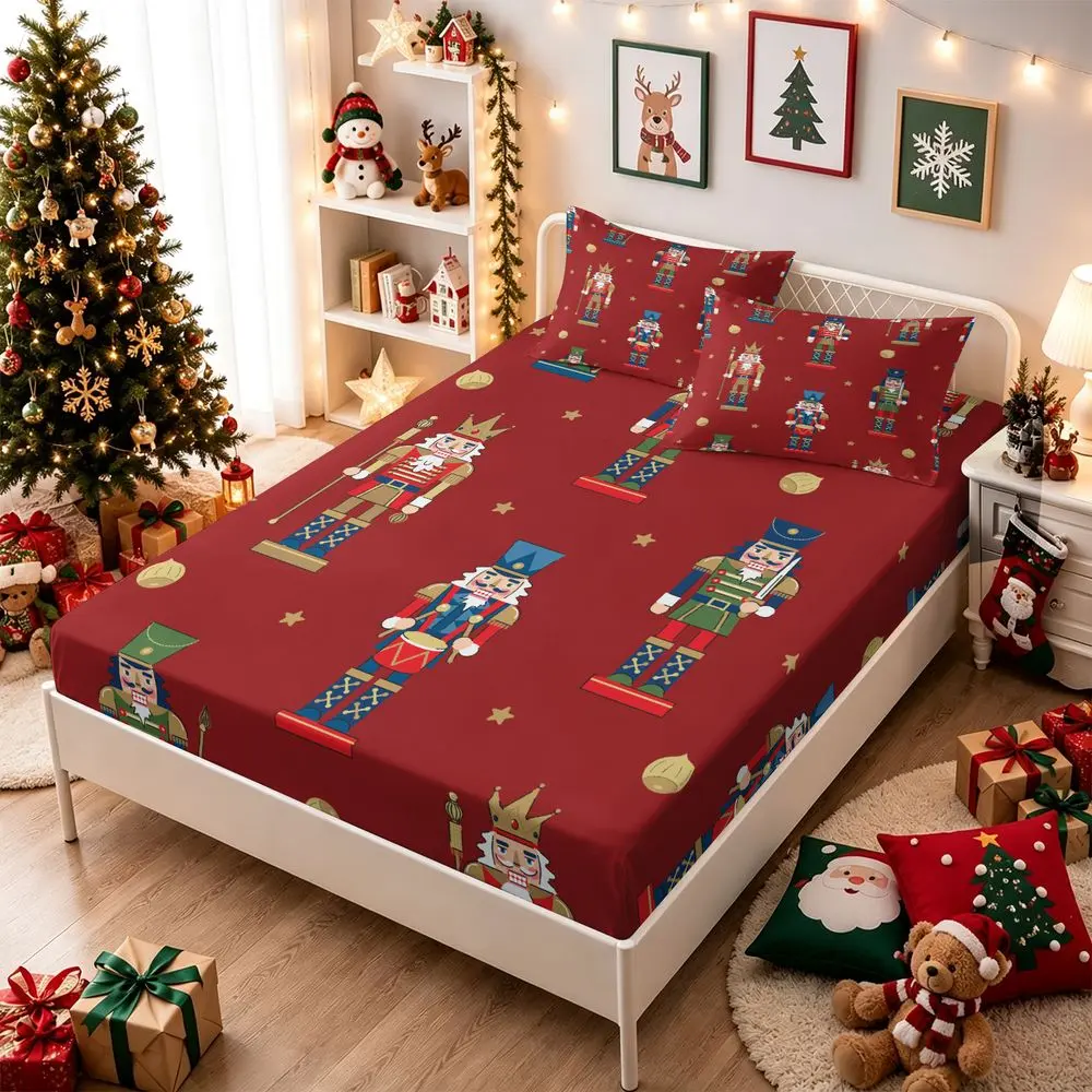 3Pcs Christmas Nutcracker Print Fitted Sheet Set, Soft Festive Bedding Set for Holiday Home Decor, Luxury Bed Sheets Set with Deep Pocket for Bedroom Bedding Essentials, No Fillers