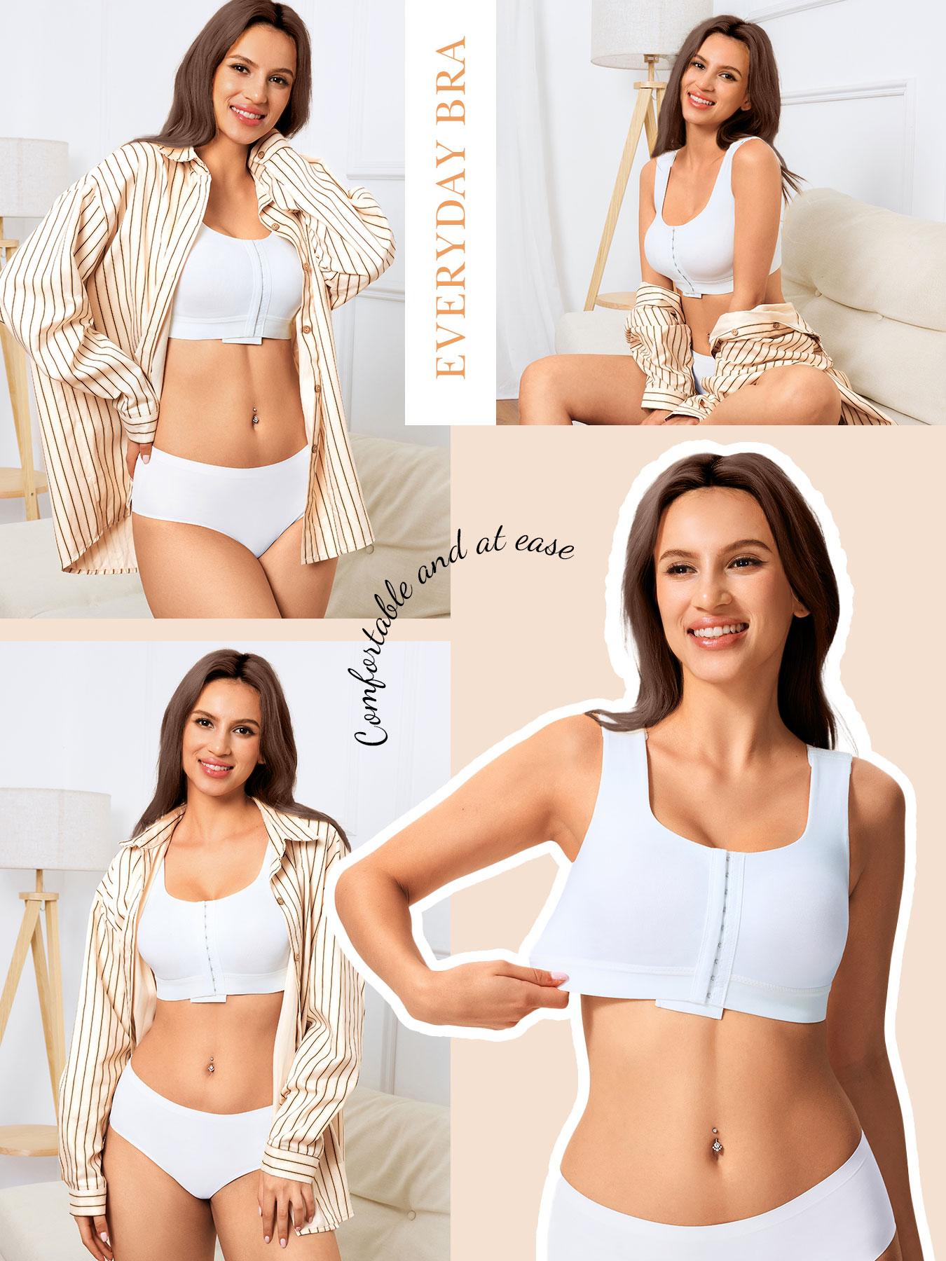 Post-Surgery Bra with Front Closure, Adjustable Straps, Seamless Cup, Soft Bottom Edge, Easy Wear and Remove, Square Neck Design, Medium