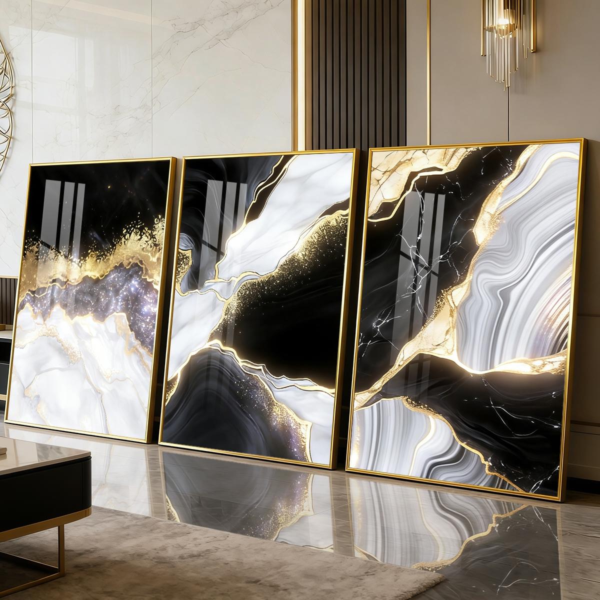 3 Counts Aluminum Alloy Framed Painting, Black White Gold Abstract Marble Art Pictures, Home Decoration For Living Room, Bedroom, Office, Restaurant, Hallway Wall Decor, Odorless Print Artwork, Luxury Perfect Gift For Friends And Family