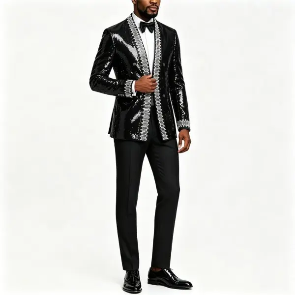 Men's Sequined Suit Men Black Full Sequin Blazer Silver Rhinestone Trim Double Breasted Open Front Tuxedo Jacket Slim Fit Stage Performance Party Wedding Prom Suit Coat