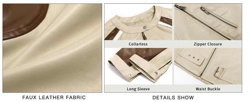 FMEYOA Womens Faux Leather Bomber Jackets Cropped Zip Up Color Block Fall Casual Moto Biker Coats