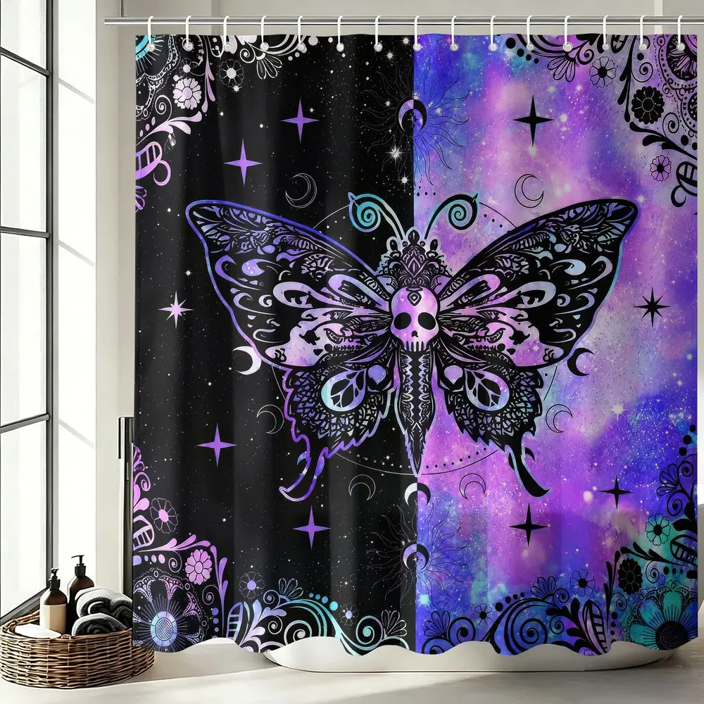 1Pcs Gothic Skull Butterfly Shower Curtain, Celestial Galaxy Bathtub Privacy Curtain, Witchy Bathroom Decor Set, Waterproof Cloth Fabric Boho Bath Accessories with 12 Hooks