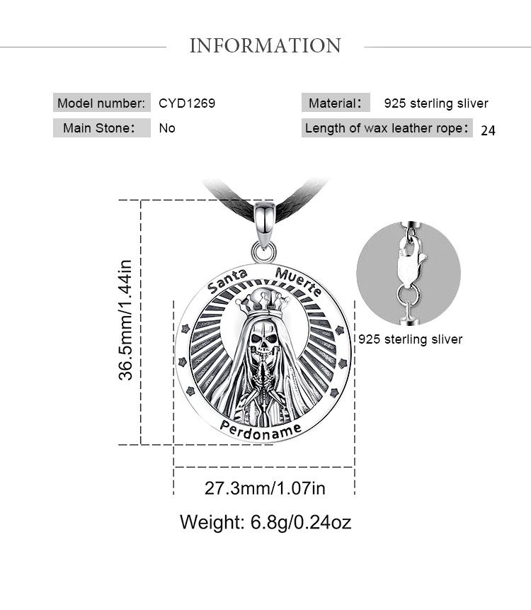 Santa Muerte Protection Pendant Necklace, 925 Sterling Silver Amulet, Mexican Saint Medallion, Holy Death Folk Amulet, Day of the Dead Jewelry