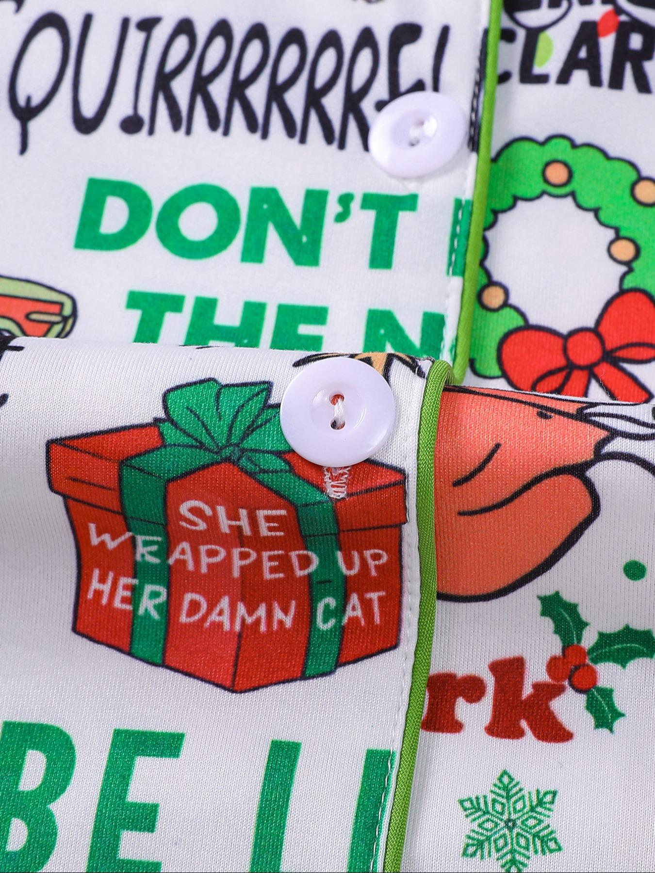 【Christmas Pajamas】It's A Beaut Clark Christmas Women's Set, Long Sleeve Button Front Top & Elastic Pants, Soft Comfortable Holiday Sleepwear & Loungewear for Women