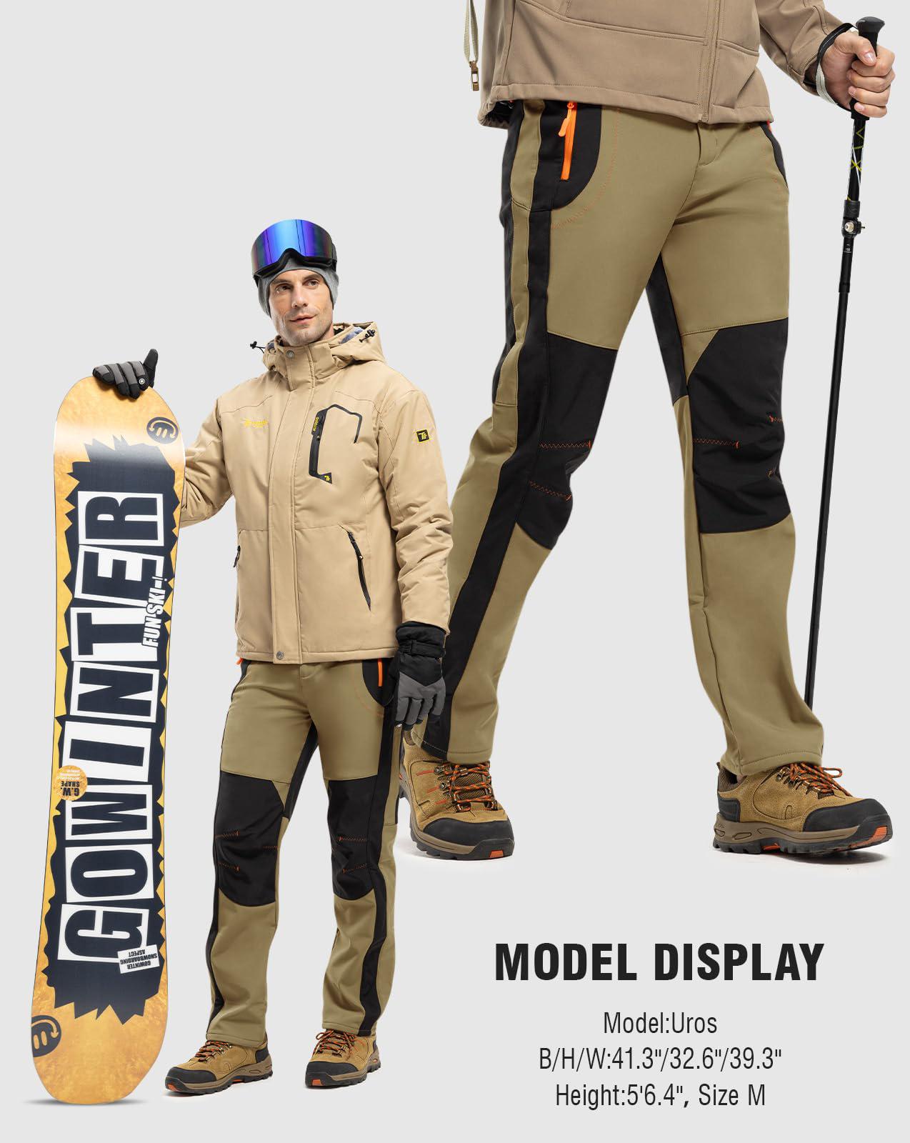 Gopune Men's Snow Ski Hiking Pants Waterproof Fleece Lined Pants Outdoor Mountain Softshell with Belt