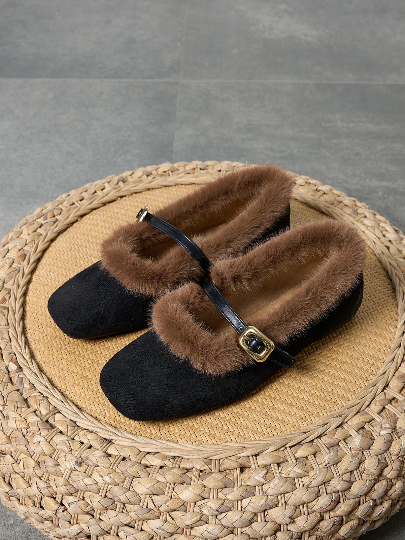 Women's Vintage Soft Sole Mary Jane Shoes, Warm Fleece Lined Slip-On Loafers, Elegant All-Season Fluffy Furry Shoes Home Slippers