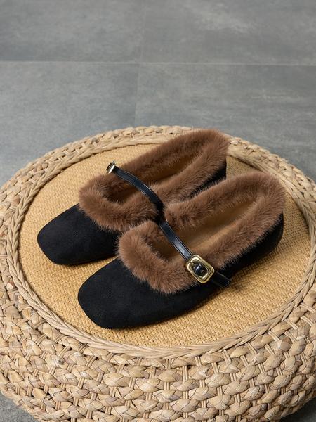 Women's Vintage Soft Sole Mary Jane Shoes, Warm Fleece Lined Slip-On Loafers, Elegant All-Season Fluffy Furry Shoes Home Slippers