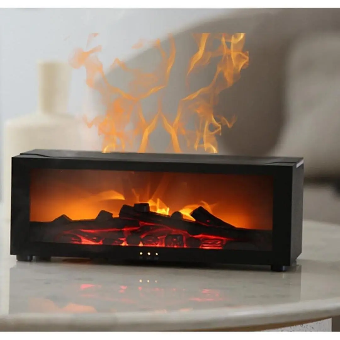Black Compact Fireplace Humidifier Diffuser - Unique Aromatherapy Fireless Flame Device with 7 Colors Lights, Smart Timer Option (Home & Festive Party Supply, Gift Idea)