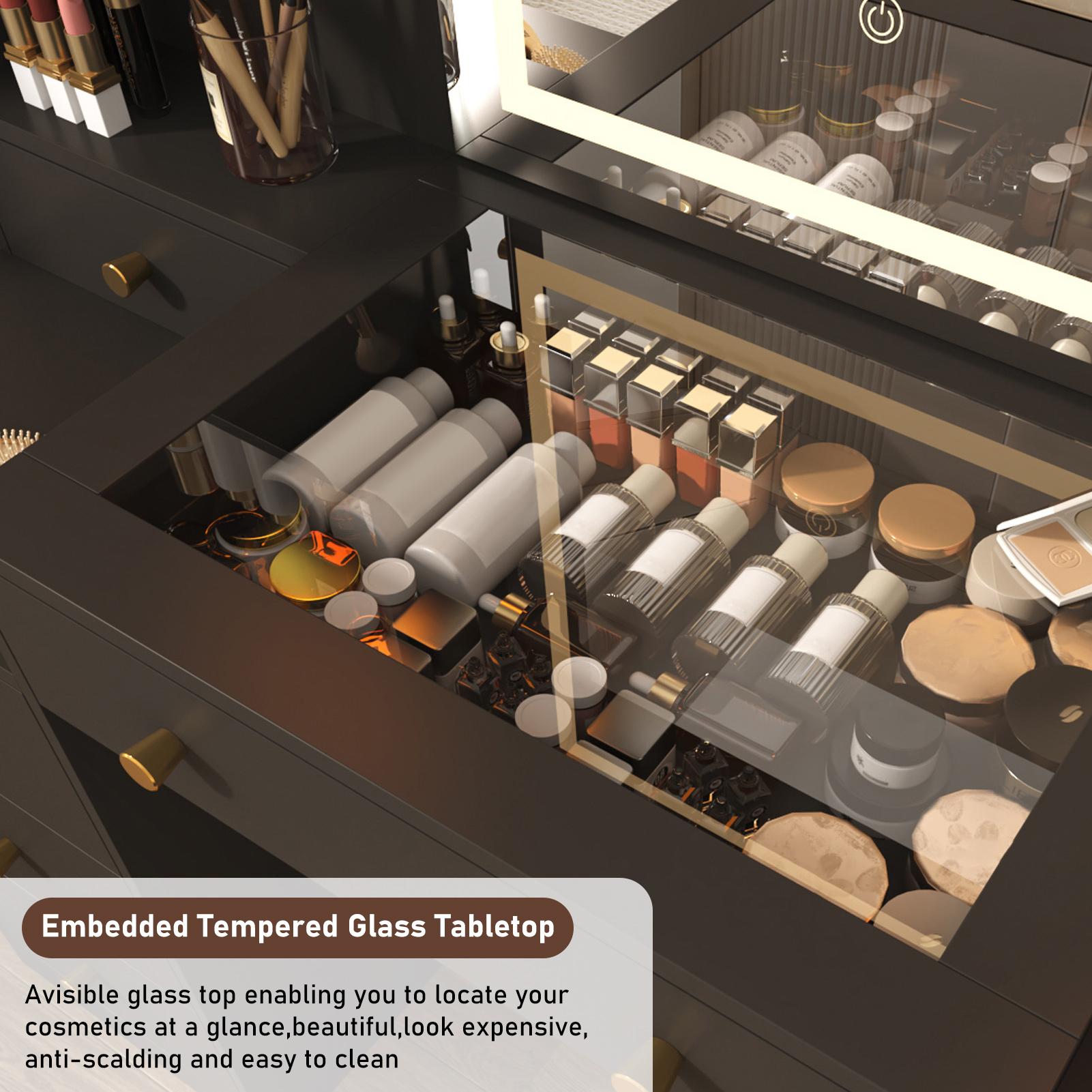 62" Large Vanity Desk w/ Tempered Glass Top,60000-color LED Lights,Power Outlet, Make up Vanity w/ 3 Lights Mode LED Mirror,2 RGB Cabinet LED Vanity Table for Women,Girls (White/Black)