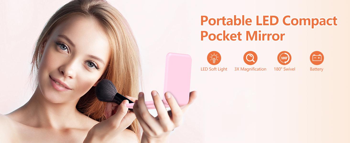 LED Pocket Mirror Travel Mirror with Light 1x/3x Magnification Compact Mirror LED Travel Mirror Lighted Compact Mirror Portable for Handbag, Purse, Pocket, LED Handheld 2 Sided Folding Mirror for Purse Gift