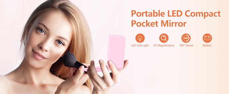 LED Pocket Mirror Travel Mirror with Light 1x/3x Magnification Compact Mirror LED Travel Mirror Lighted Compact Mirror Portable for Handbag, Purse, Pocket, LED Handheld 2 Sided Folding Mirror for Purse Gift