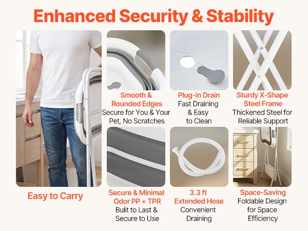 VEVOR Dog Bathtub, Elevated Dog Bath Tub, 2 in 1 Collapsible Pet Bathing Grooming Wash Station, Portable Foldable Space-saving, Built-in Drain Outlet with Drain Hose for Small Pet Cat, Gray White