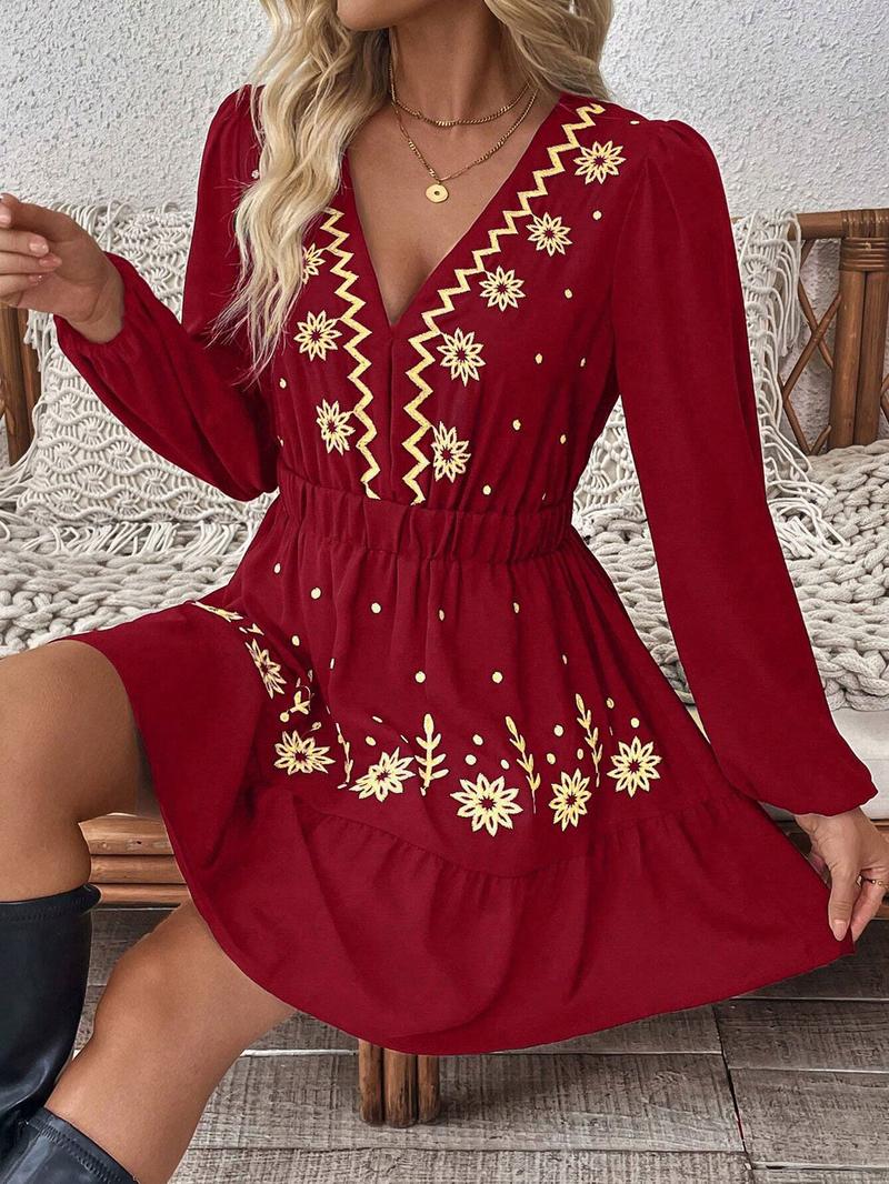 Women's Embroidered Deep V Neck Long Sleeve Dress, Full Floral Craftsmanship, Perfect Choice for Spring Summer Fall